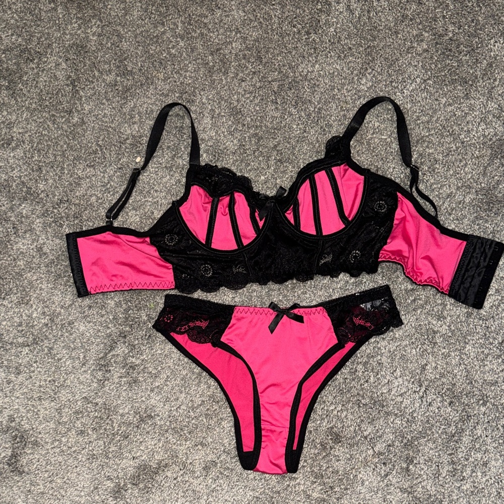 Hot Pink and Black Lace Lingerie Set